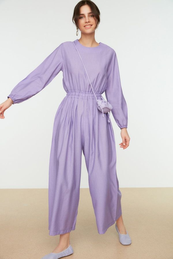 Trendyol Trendyol Lilac Crew Neck Elastic Waist Comfortable Cut Wide Leg Linen Look Jumpsuit