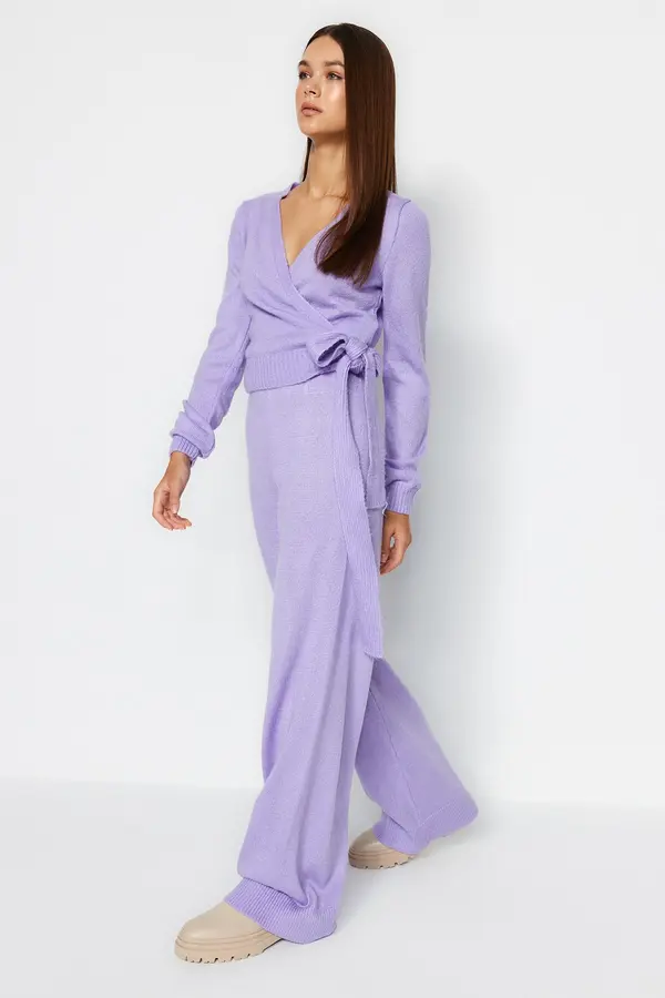Trendyol Trendyol Lilac Crop Wide Pattern Double Breasted Tie Detailed Knitwear Top-Bottom Set