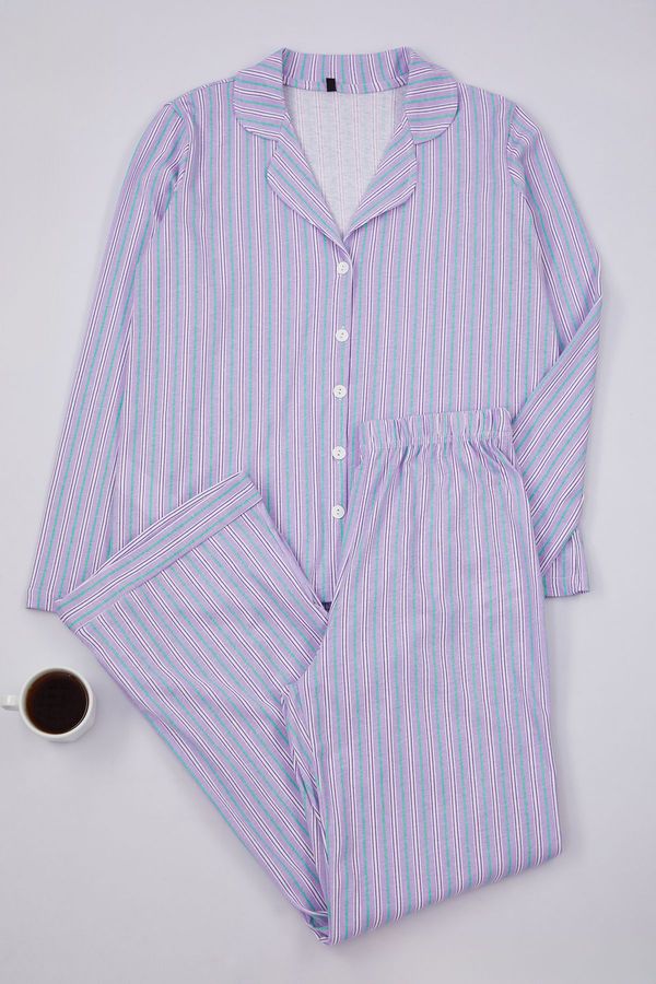 Trendyol Trendyol Lilac-Multicolored 100% Cotton Striped Shirt-Pants Knitted Pajama Set