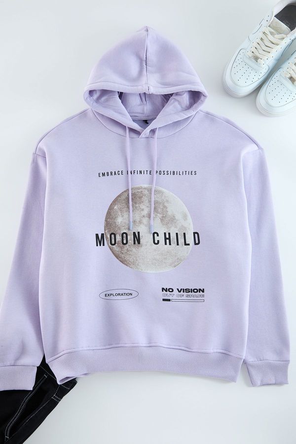 Trendyol Trendyol Lilac Oversize/Wide Cut Hooded Fleece Inside Printed Sweatshirt