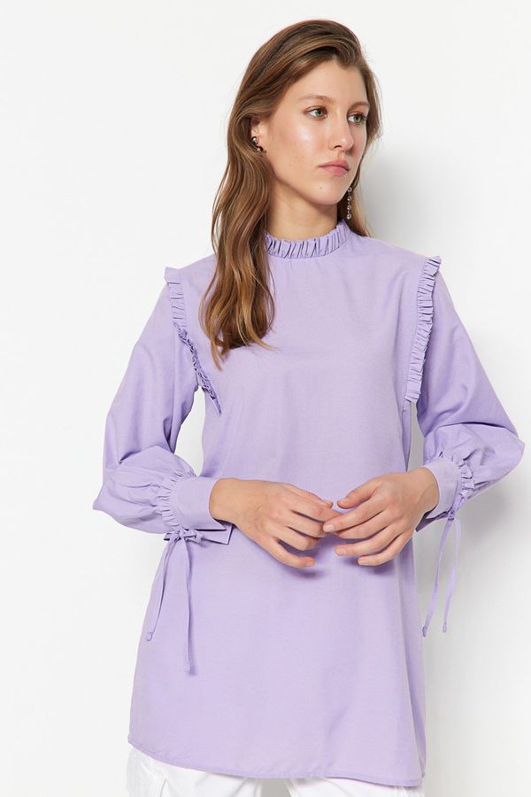 Trendyol Trendyol Lilac Shoulder and Cuff Frilly Woven Cotton Tunic