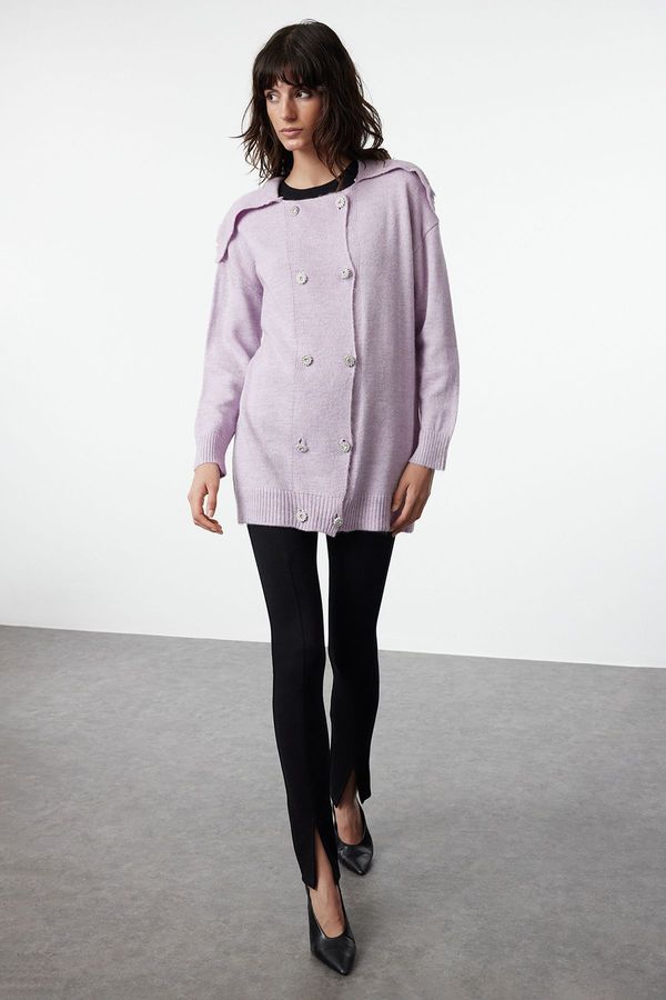 Trendyol Trendyol Lilac Soft Textured Stoned Button Detailed Knitwear Cardigan