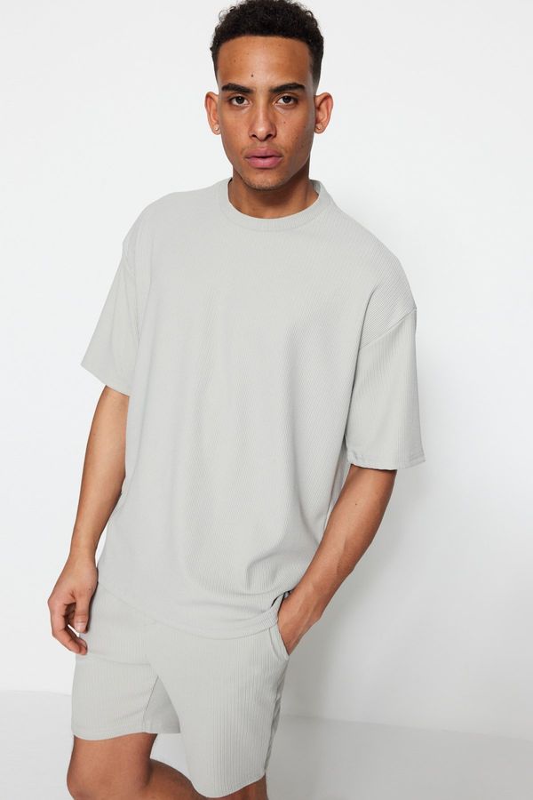 Trendyol Trendyol Limited Edition Basic Gray Oversize/Wide Cut Textured Wrinkle-Free Ottoman T-Shirt