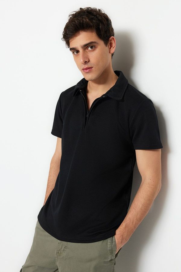 Trendyol Trendyol Limited Edition Black Men's redno/redno rezano debelo pique zadrgo Polo Neck majica.