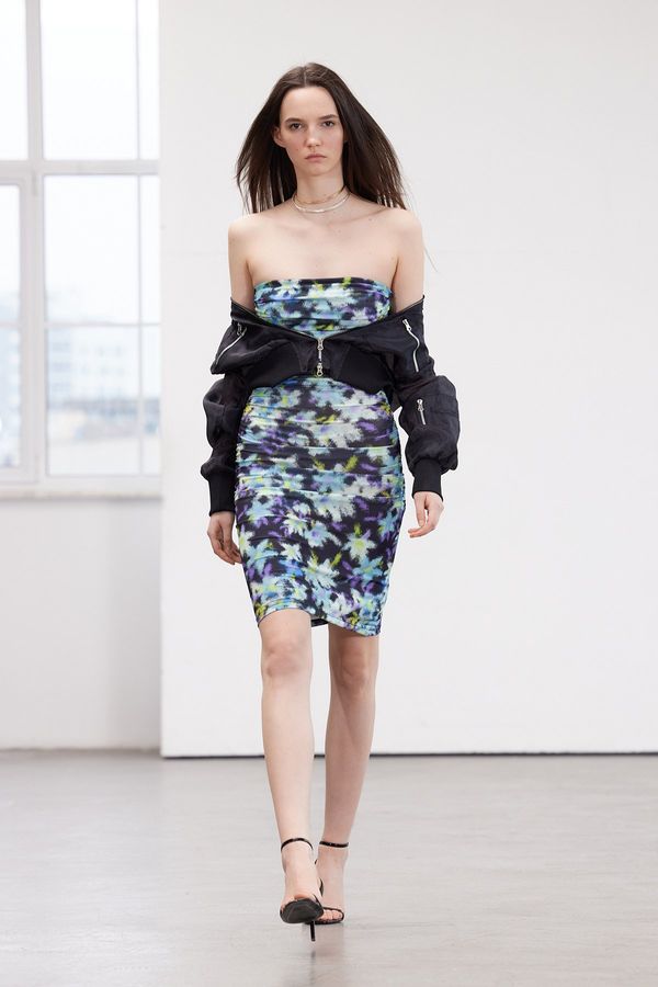 Trendyol Trendyol Limited Edition Blue Floral Printed Mini Strapless Collar Stretchy Knitted Pencil Dress