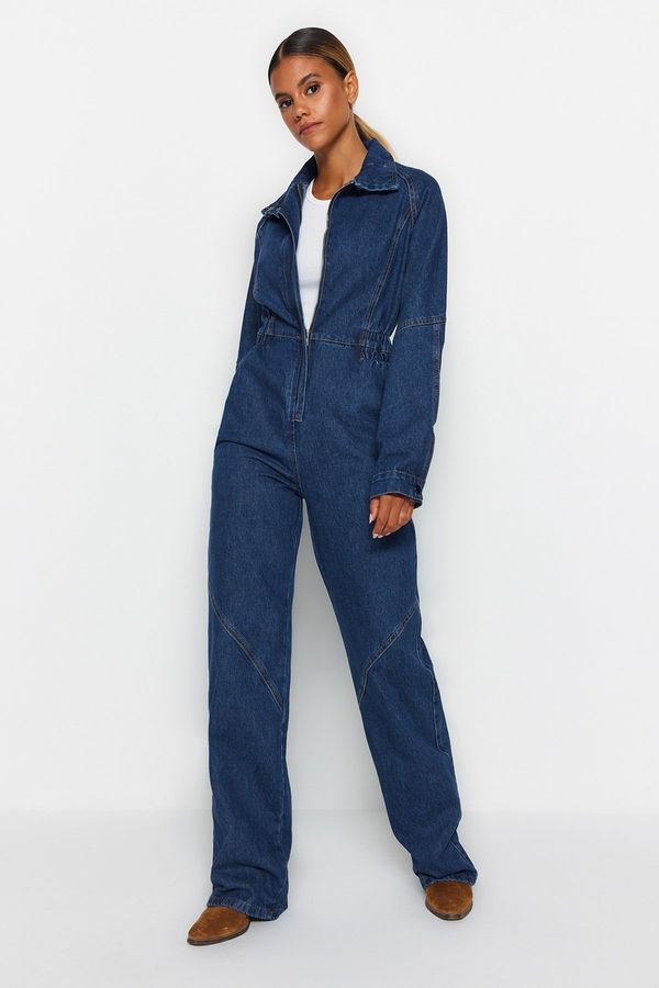 Trendyol Trendyol Limited Edition Blue Stitching Detailed Zippered Denim Jumpsuit