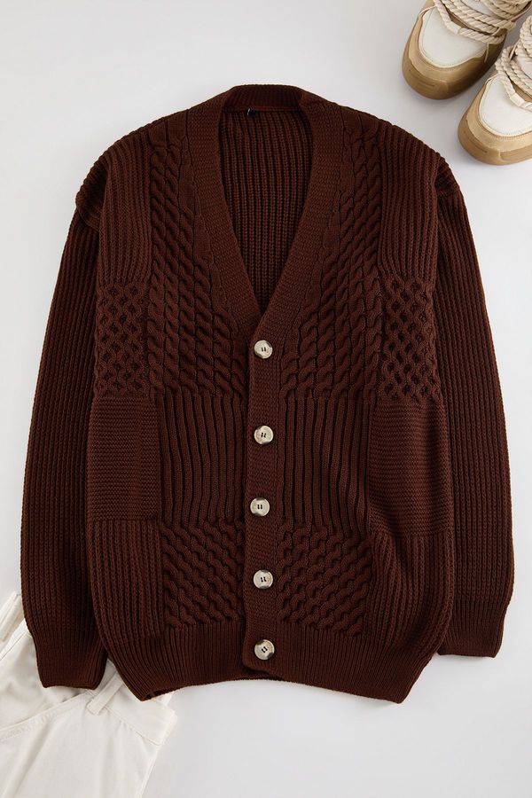 Trendyol Trendyol Limited Edition Brown FL Men's Regular V Neck Hair Knit Sweater Cardigan