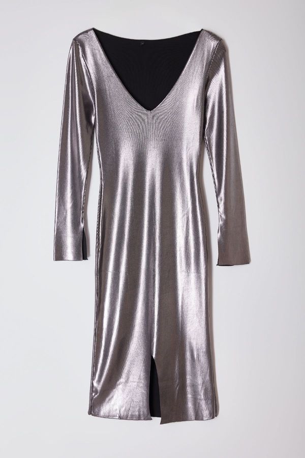 Trendyol Trendyol Limited Edition Dark Grey Midi Knitwear Foil Printed Dress