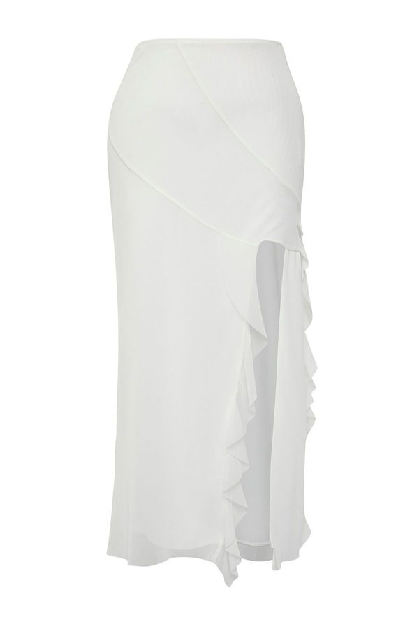 Trendyol Trendyol Limited Edition Ecru Slit and Ruffle Detailed Lined Flexible Midi Knitted Tulle Skirt
