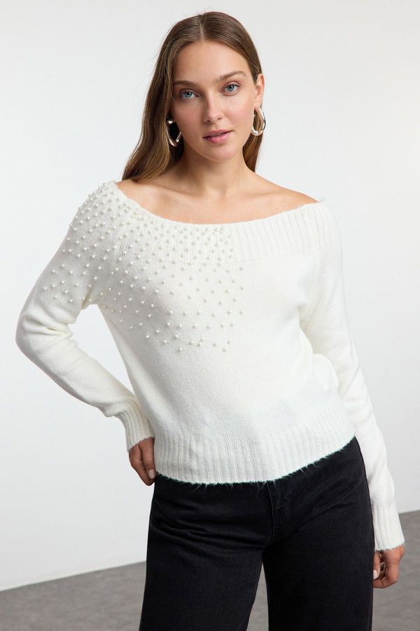 Trendyol Trendyol Limited Edition Ecru Soft Texture Wide Pattern Beaded Detail Boat Neck Knitwear Sweater