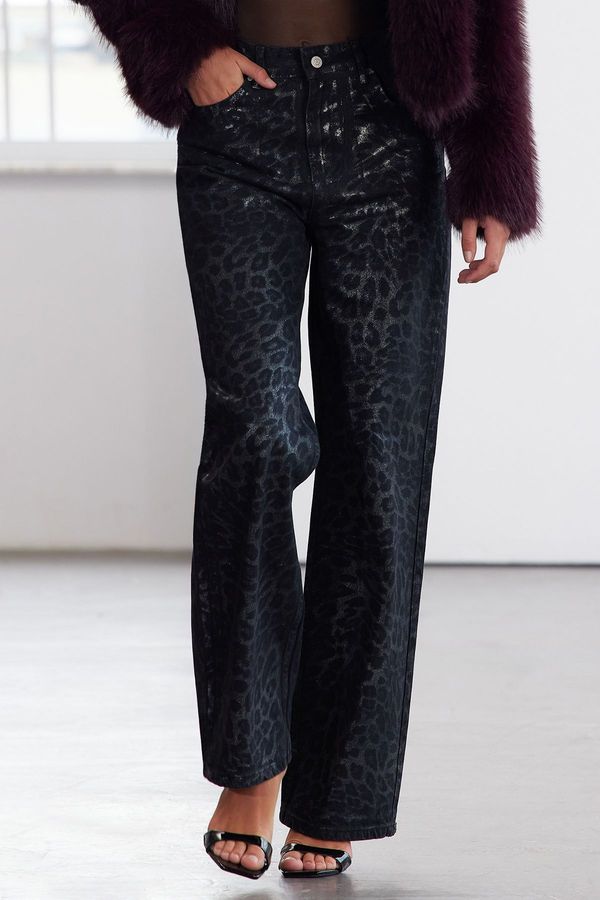 Trendyol Trendyol Limited Edition Multicolor Leopard Foil Printed High Waist Wide Leg Jeans