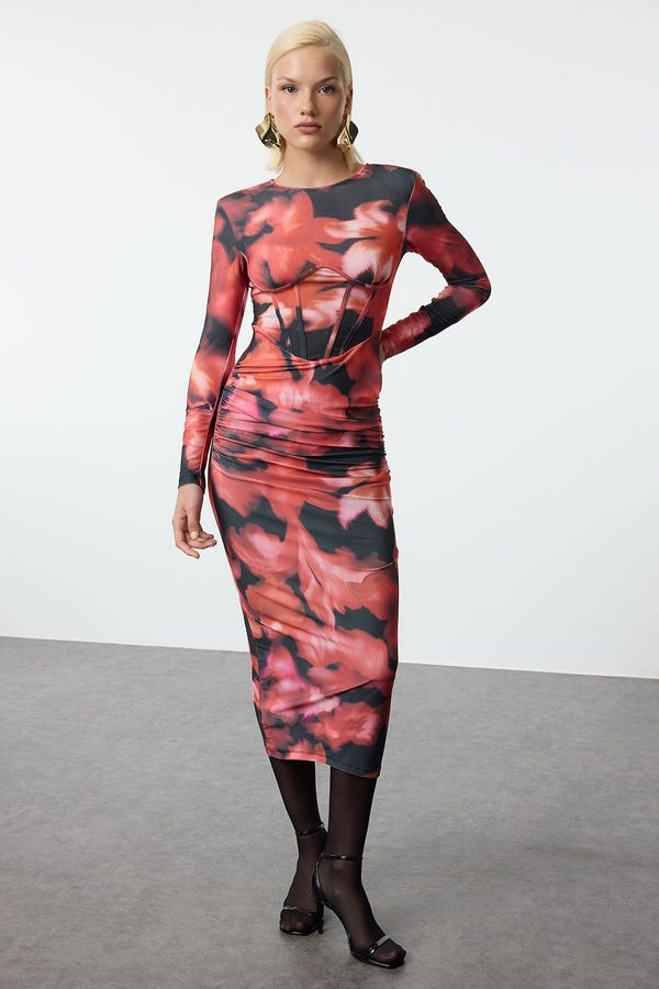 Trendyol Trendyol Limited Edition Multicolored Floral Fitted Knitted Elegant Evening Dress