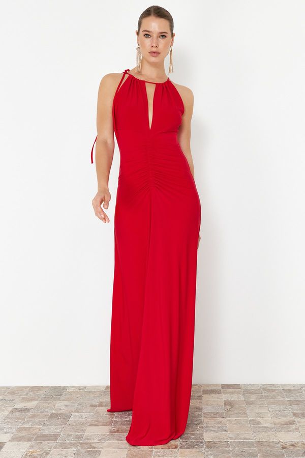 Trendyol Trendyol Limited Edition Red A-Cut Window/Cut Out Detailed Knitted Evening Long Evening Dress