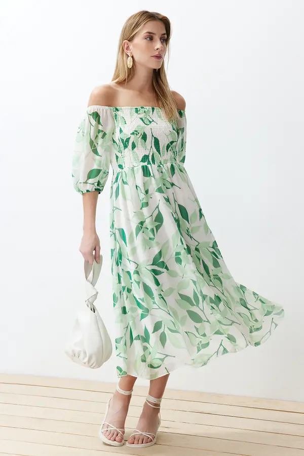 Trendyol Trendyol Madonna Collar Chiffon Maxi Woven Dress with Green Floral Skirt Opening at the Waist