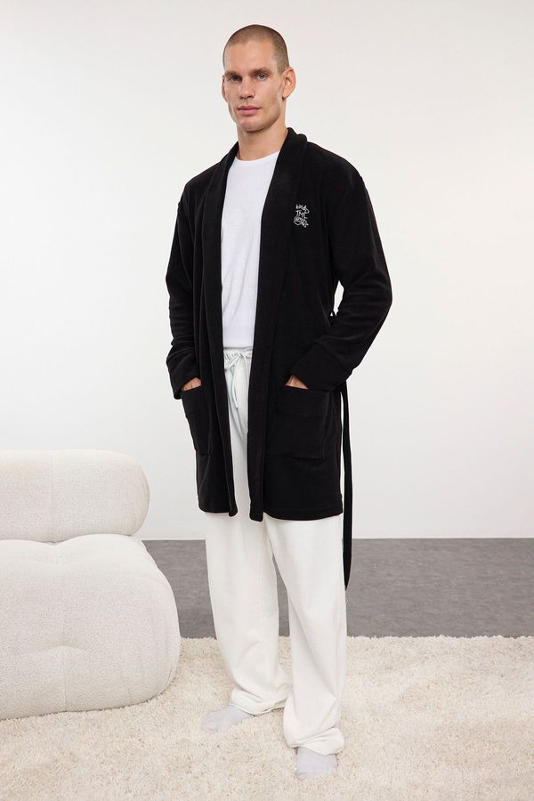 Trendyol Trendyol Men's Black Embroidered Wellsoft Winter Polar Fleece Dressing Gown