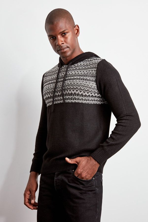 Trendyol Trendyol Men's Black Panel Jacquard Hooded Sweater