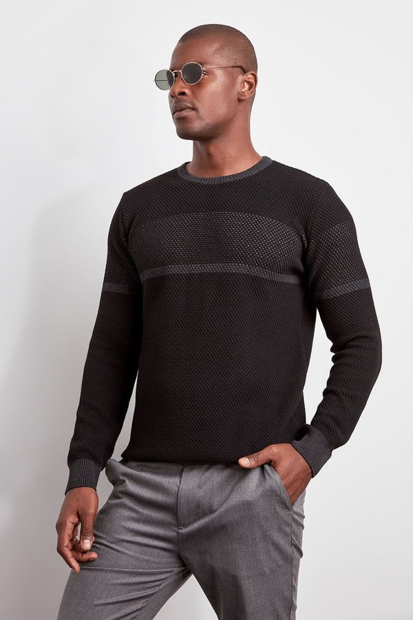 Trendyol Trendyol Men's Black Paneled Crew Neck Knitwear Sweater