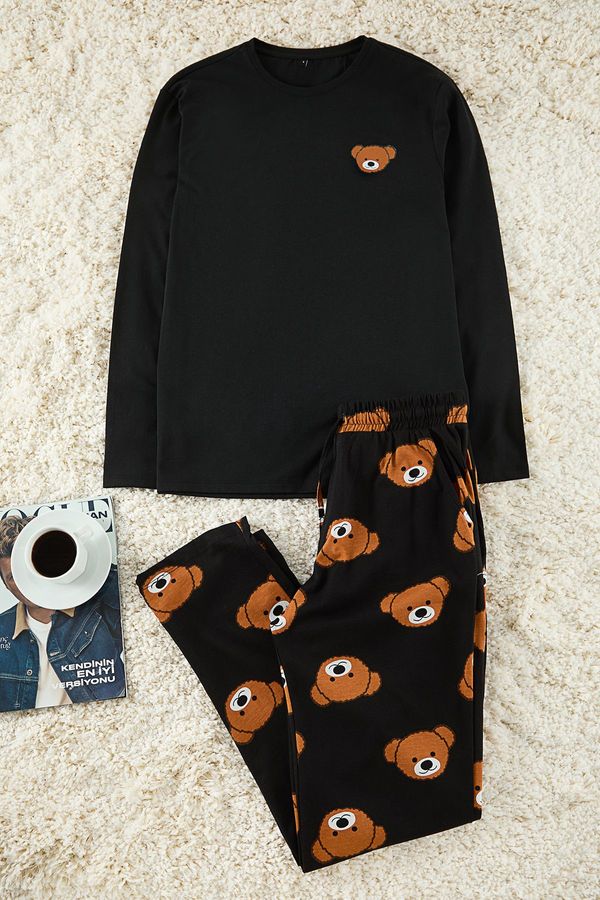 Trendyol Trendyol Men's Black Regular Fit Teddy Bear Printed Knitted Pajama Set