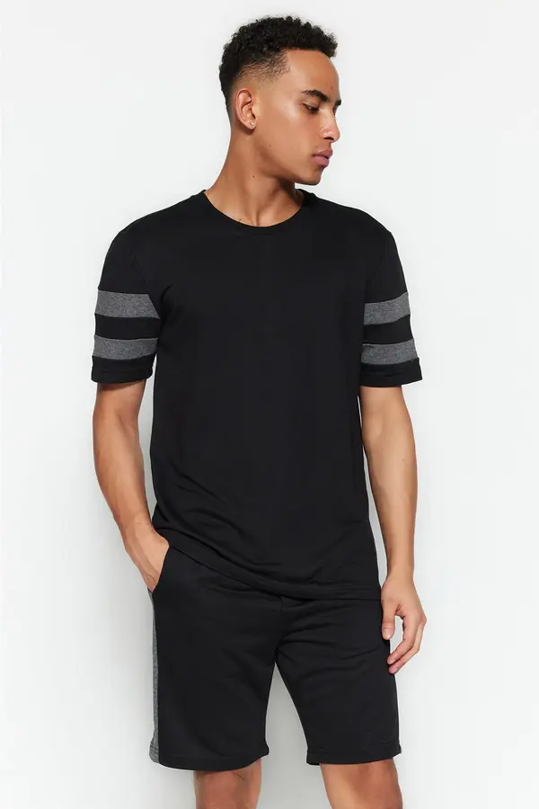 Trendyol Trendyol Men's Black Regular/Normal Fit Paneled Cotton Tracksuit Set