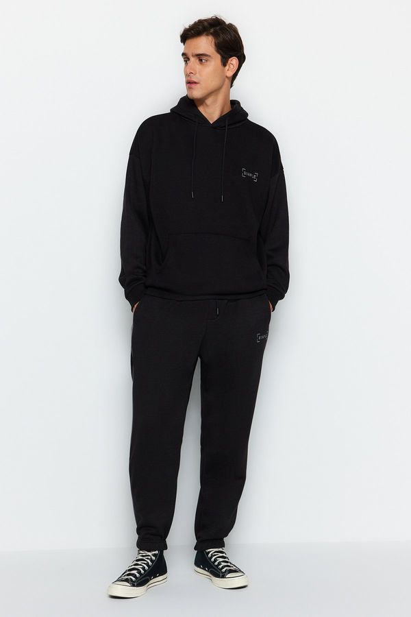 Trendyol Trendyol Men's Black Tracksuit Oversize/Wide-Fit Embroidered Wenge Fleece Interior