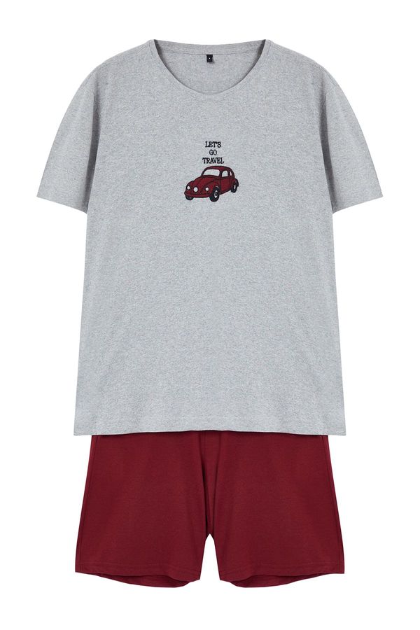 Trendyol Trendyol Men's Gray - Claret Red Regular Fit Embroidered Knitted 3-Piece Pajama Set