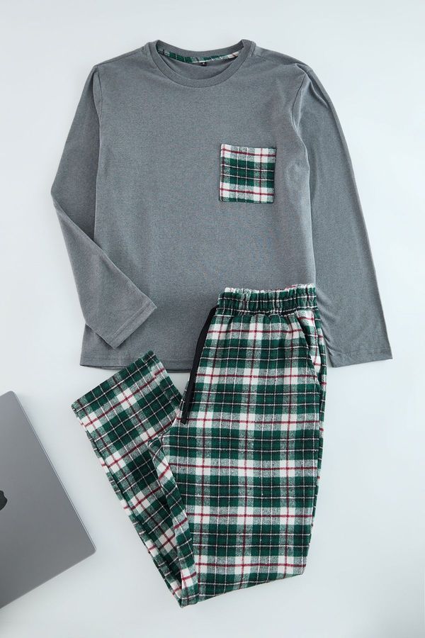 Trendyol Trendyol Men's Grey-Green Plaid Patterned Woven Pajama Set