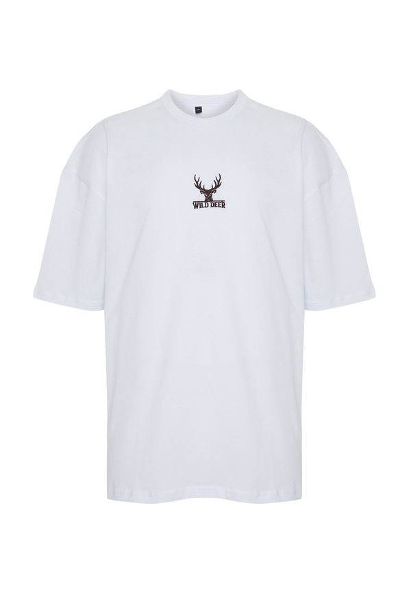 Trendyol Trendyol Men's White Oversize Deer Embroidery 100% Cotton T-Shirt