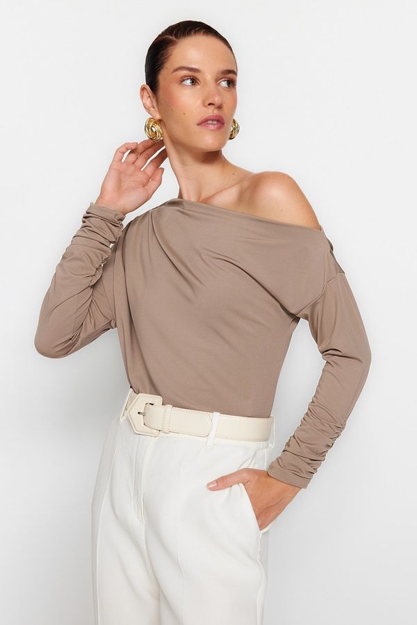 Trendyol Trendyol Mink Asymmetric Collar Flowy Stretchy Knitted Blouse