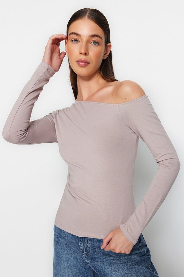 Trendyol Trendyol Mink Boat Neck Off Shoulder Gathered Fitted Cotton Stretchy Knitted Blouse