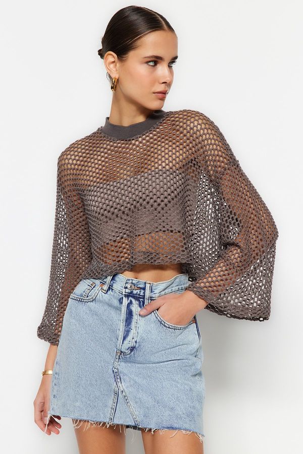 Trendyol Trendyol Mink Crop Openwork/Perforated Knitwear Sweater