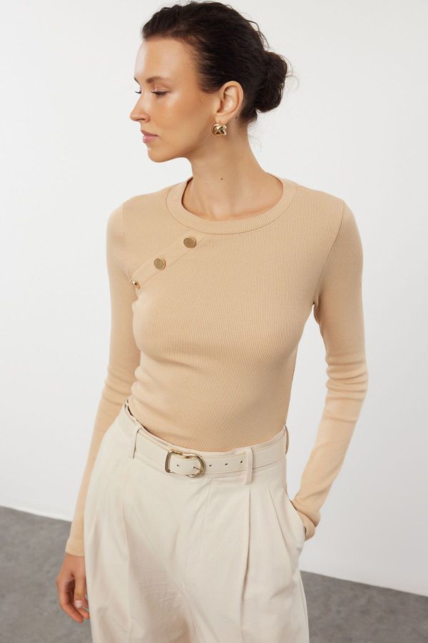 Trendyol Trendyol Mink Fitted Raglan Sleeve Stretchy Knitted Blouse with Snap Detail