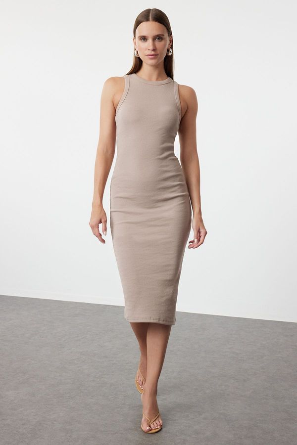 Trendyol Trendyol Mink Halter Neck Fitted Ribbed Flexible Midi Knitted Dress