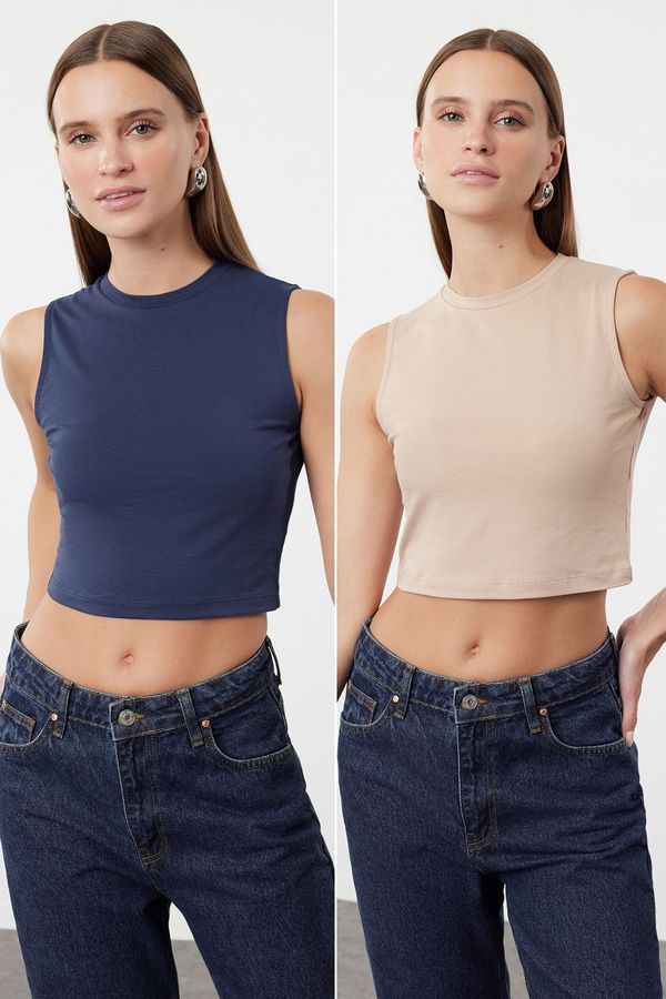 Trendyol Trendyol Mink-Indigo 2 Pack Sleeveless Crop Cotton Stretchy Knitted Undershirt