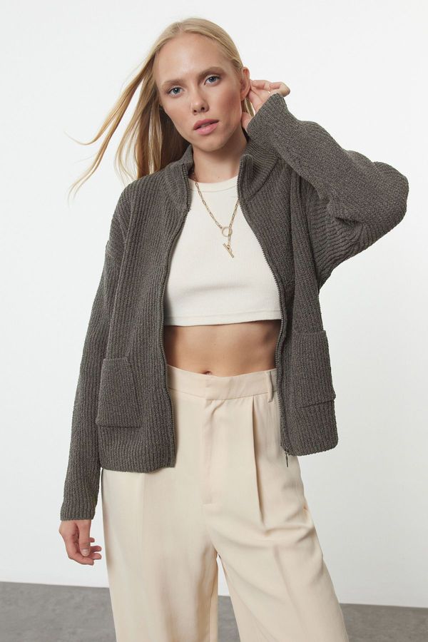 Trendyol Trendyol Mink More Sustainable Wide Pattern Soft Texture Pocket Detailed Knitwear Cardigan