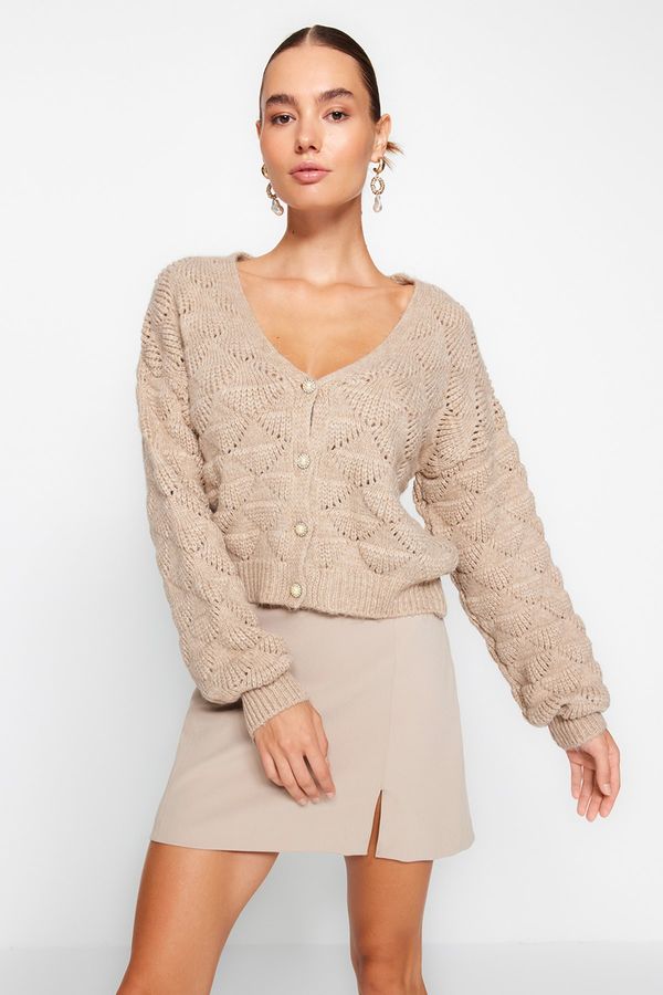 Trendyol Trendyol Mink Openwork/Perforated V-Neck Knitwear Cardigan