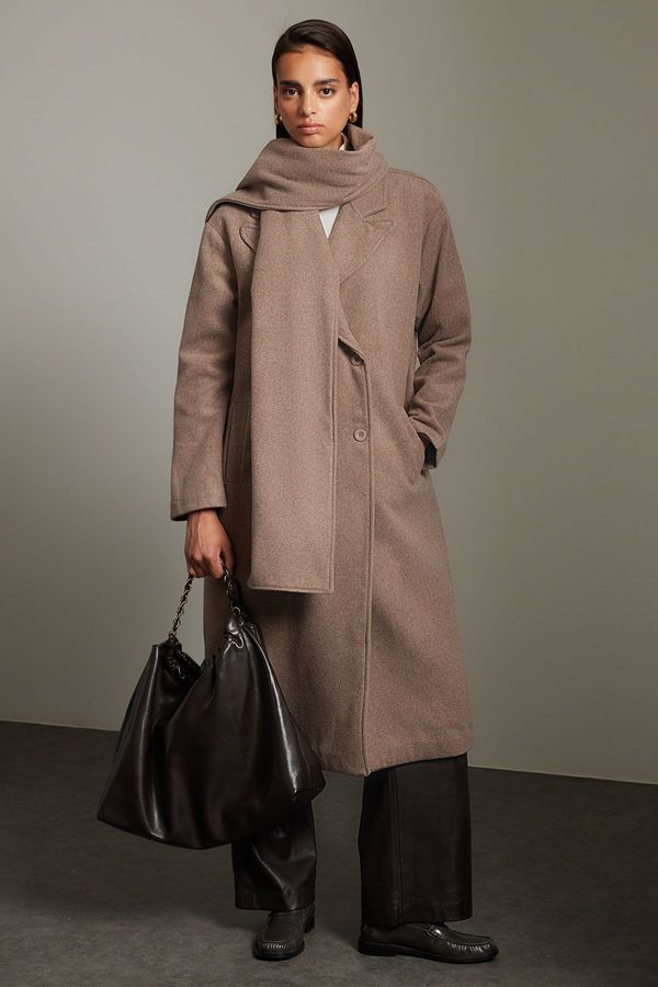 Trendyol Trendyol Mink Oversize Woolen Wide Cut Long Coat with Shawl