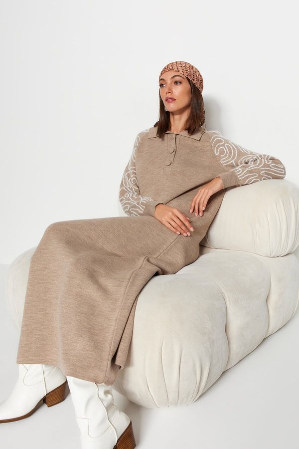 Trendyol Trendyol mink polo vratni rokavi Vzorčasta puloverska obleka