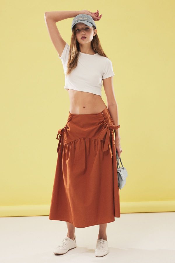 Trendyol Trendyol Mink Poplin Cotton Fabric Maxi Length Woven Skirt with Loose Fit from the Hips
