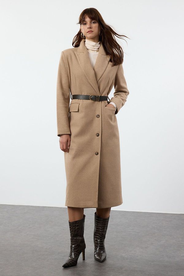 Trendyol Trendyol Mink Regular Belted Stitch Detailed Soft Textured Long Coat