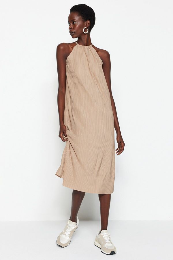 Trendyol Trendyol Mink Shift/Plain Zero Sleeve Midi Pleated Knitted Dress
