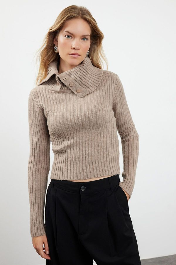 Trendyol Trendyol Mink Soft Texture Crop Boat Neck Detail Knitwear Sweater