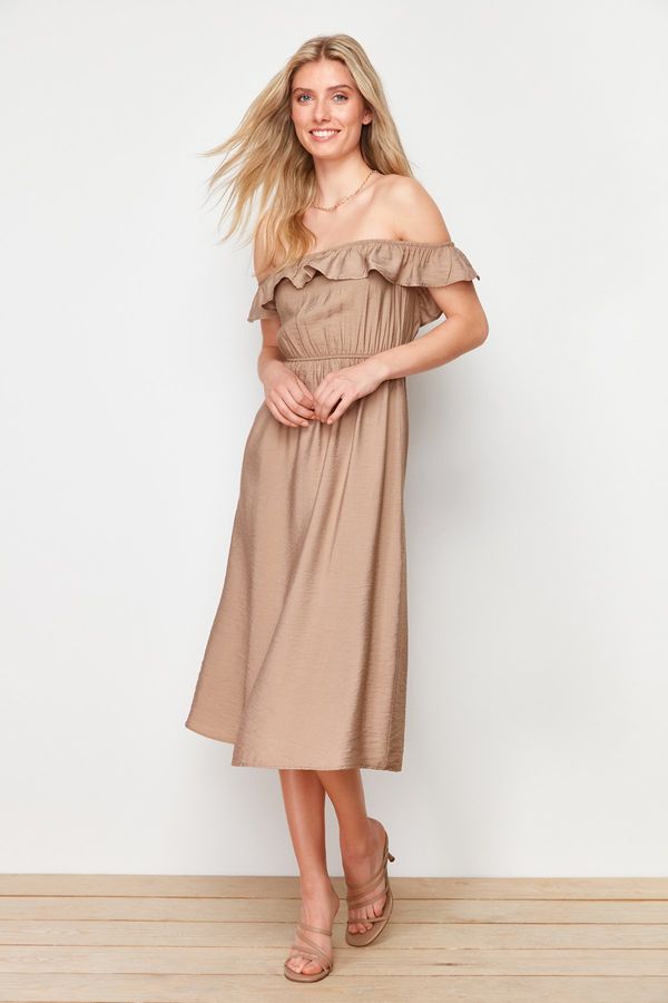 Trendyol Trendyol Mink Straight Cut Carmen Collar Linen Look Maxi Woven Dress