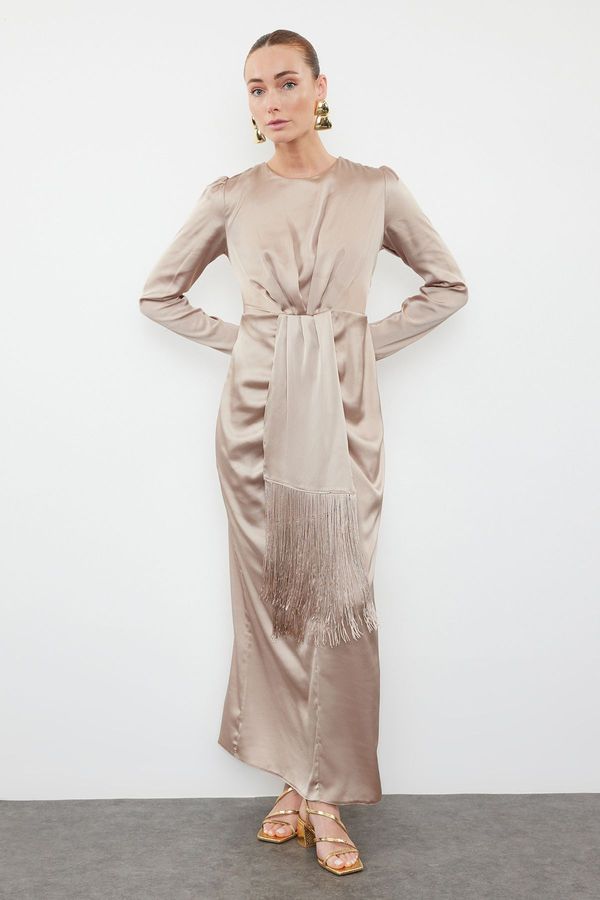 Trendyol Trendyol Mink Tassel Detailed Satin Woven Evening Dress