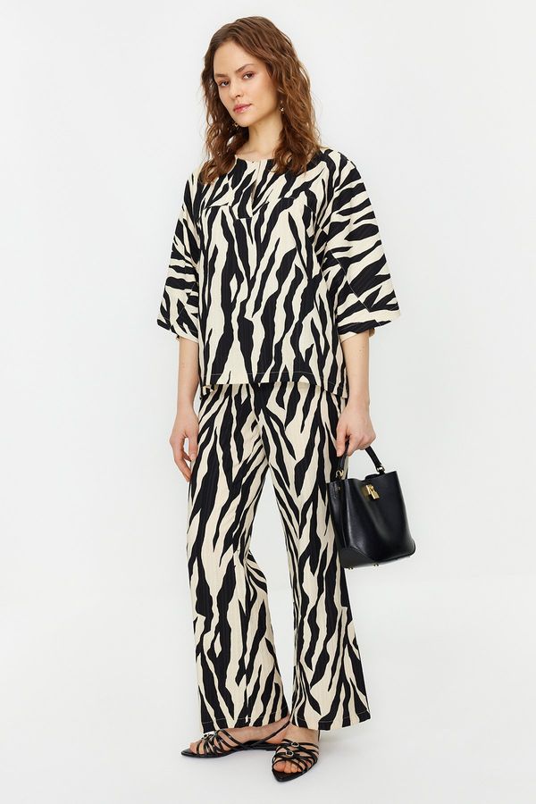 Trendyol Trendyol Mink Three Quarter Sleeve Zebra Patterned Tunic Trousers Woven Bottom Top Suit