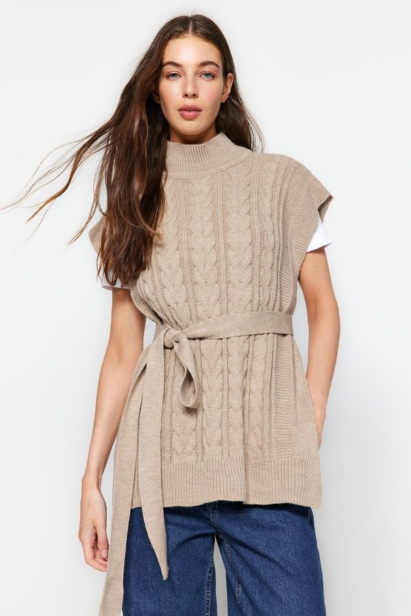 Trendyol Trendyol Mink Wide Fit Wool Belted Knitwear Sweater