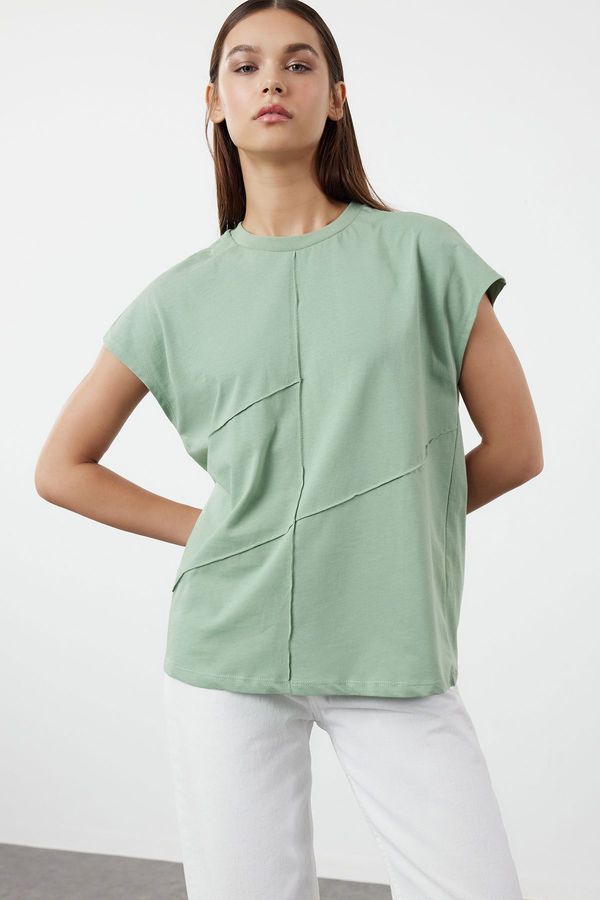 Trendyol Trendyol Mint 100% Cotton Oversize/Wide Fit Knitted T-Shirt with Piping Detail