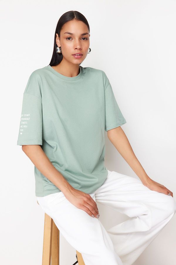 Trendyol Trendyol Mint 100% Cotton Sleeve Slogan Printed Relaxed/Comfortable Fit Knitted T-Shirt