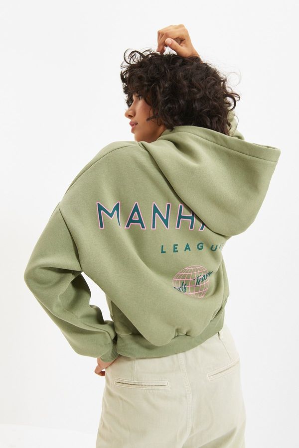 Trendyol Trendyol Mint Back Print Detail Hooded Thick Fleece Knitted Sweatshirt