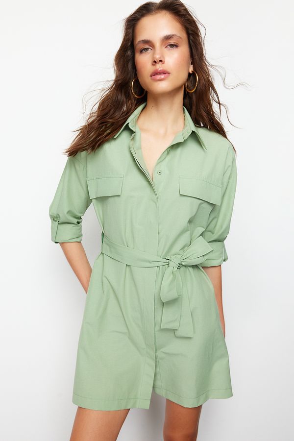 Trendyol Trendyol Mint Belted Pocketed Mini Woven Shirt Dress