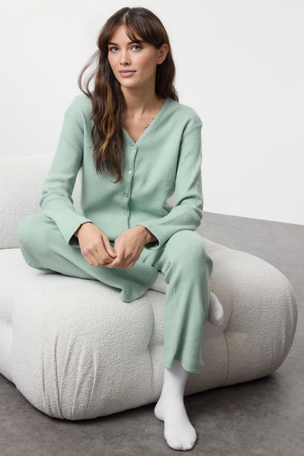 Trendyol Trendyol Mint Brushed Soft Ribbed Cardigan Knitted Pajama Set